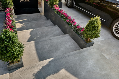 external steps w/grooves & side planters