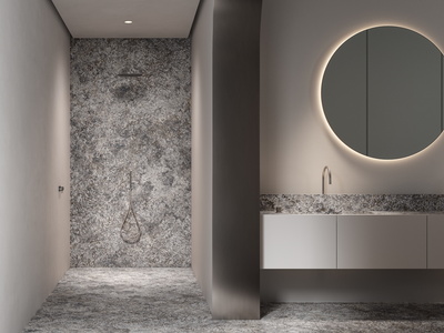 wall mounted washbasin w/storage & walk-in shower