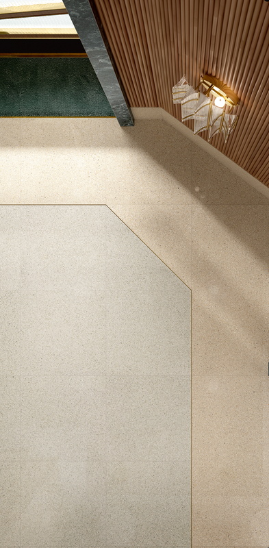 inlaid floor design w/golden trim edge